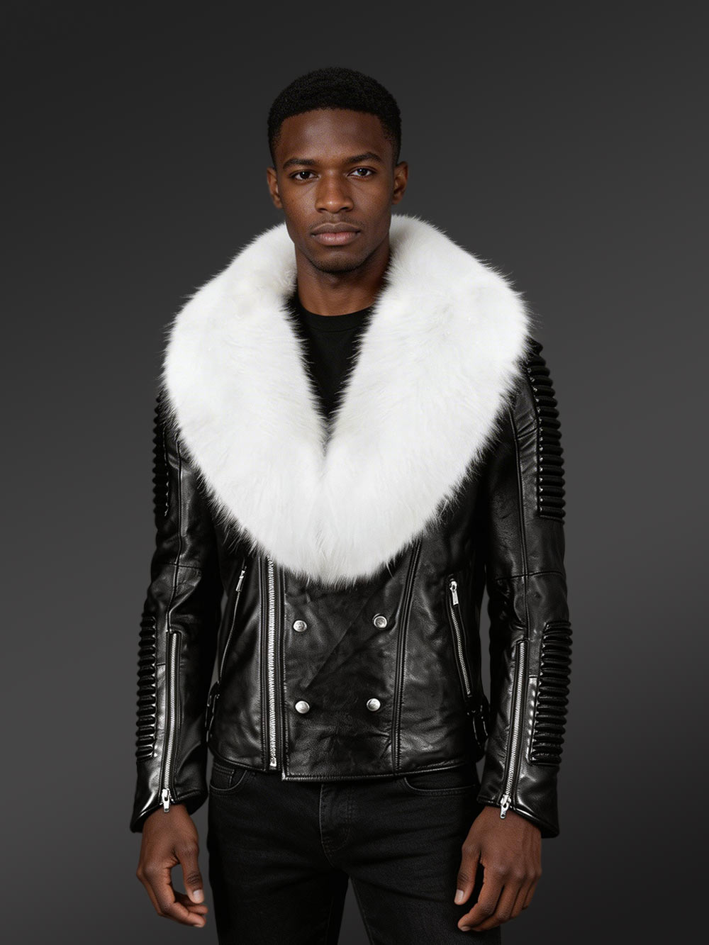 Men’s Coal Black Real Leather Winter Biker Jacket with Snow White Fox Fur Collar