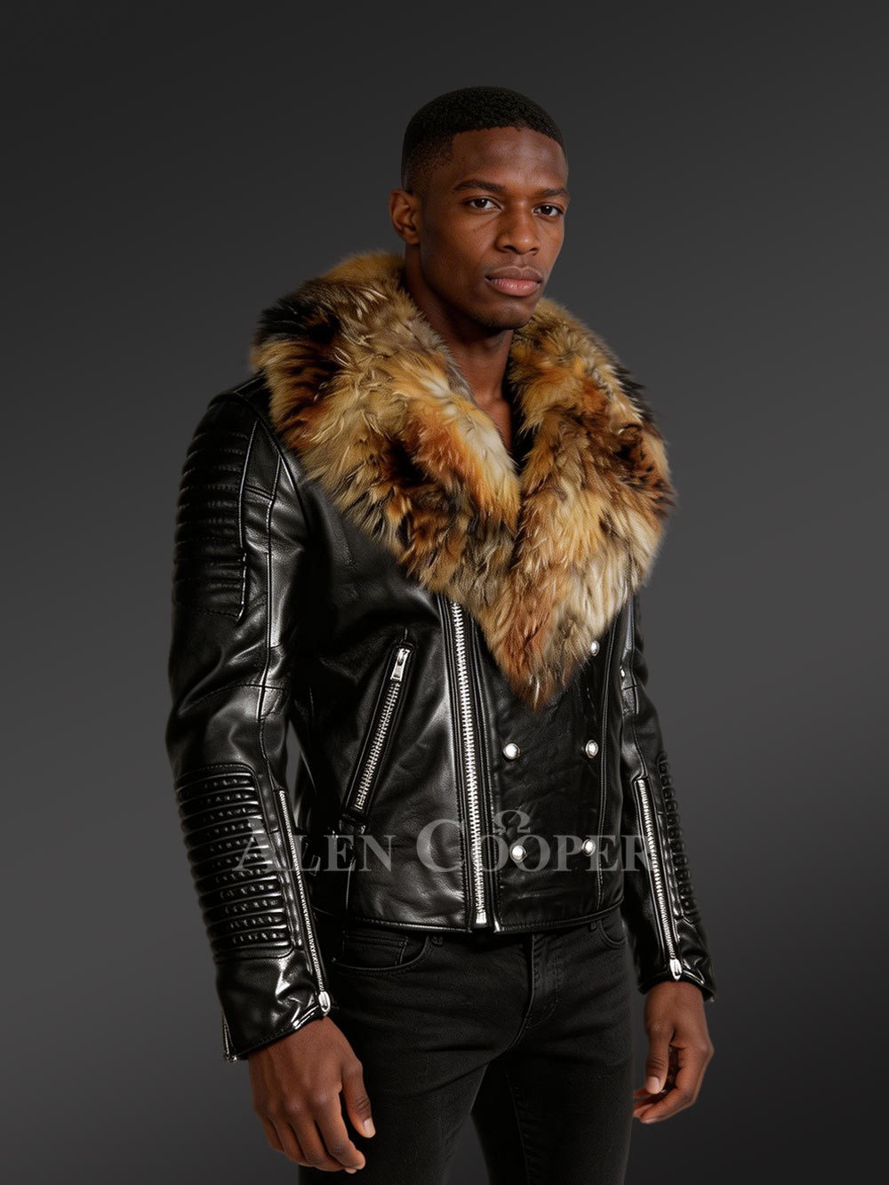 Men’s Leather Jacket with Chic Finn Raccoon Fur Collar - Image 2