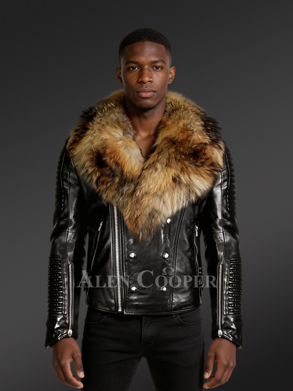 Men’s Leather Jacket with Chic Finn Raccoon Fur Collar