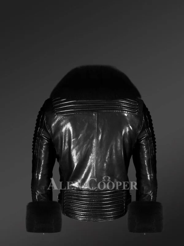 Leather biker jacket in black with fox fur in Lapel and Accentuating the Cuffs - Image 4