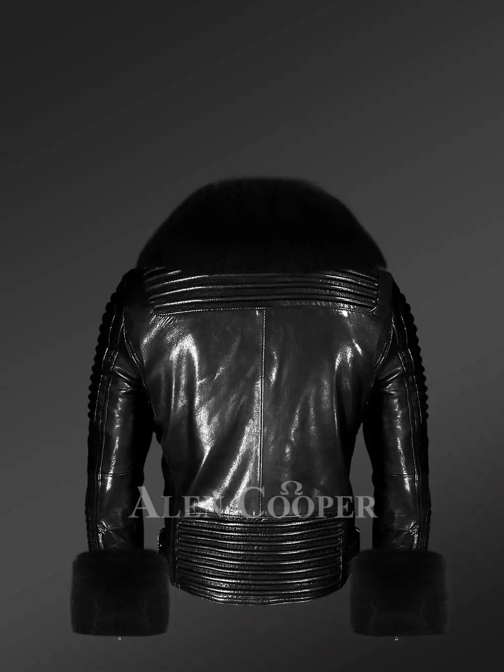 Leather biker jacket in black with fox fur in Lapel and Accentuating the Cuffs - Image 4