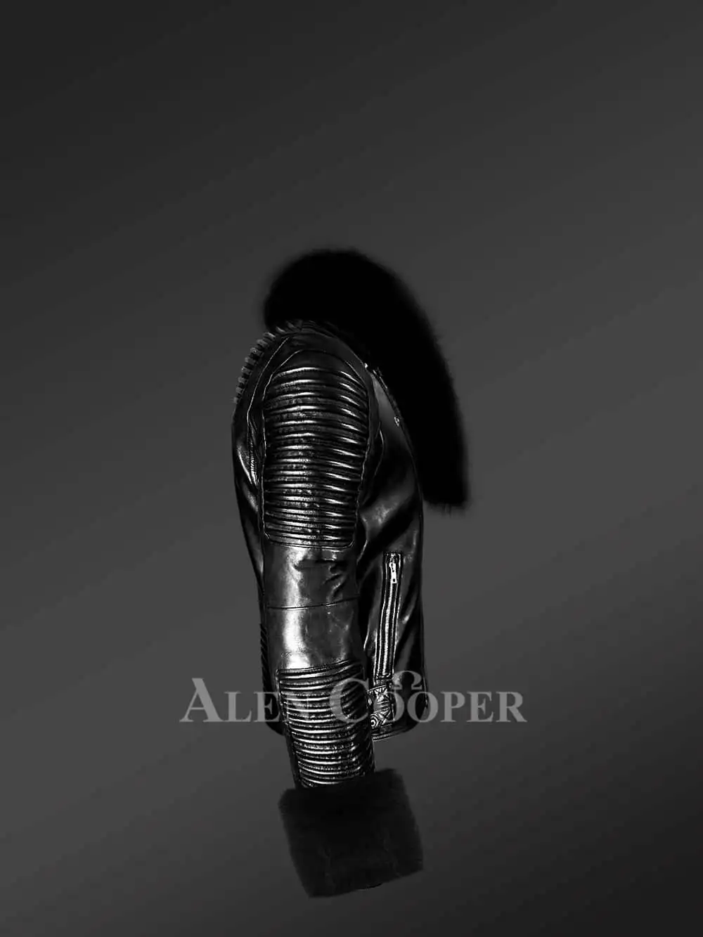 Leather biker jacket in black with fox fur in Lapel and Accentuating the Cuffs - Image 3