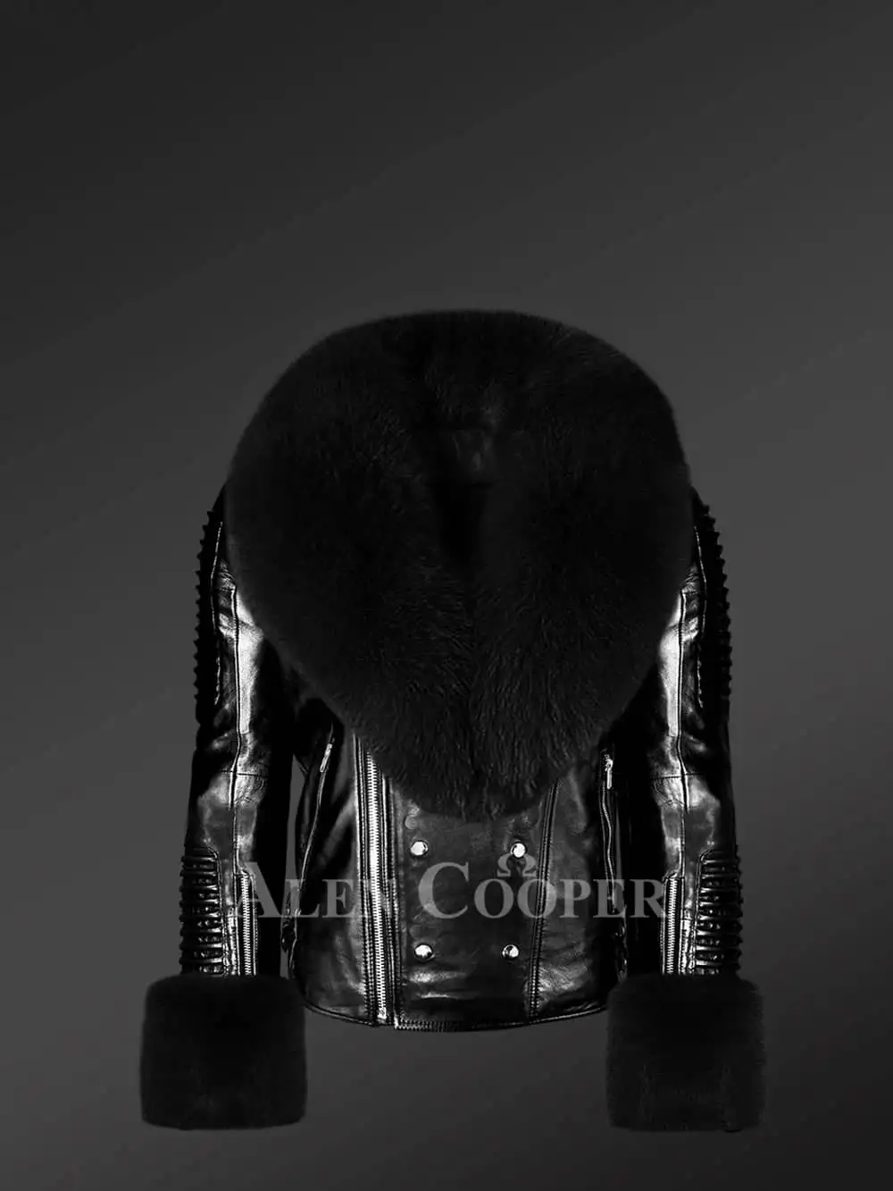 Leather biker jacket in black with fox fur in Lapel and Accentuating the Cuffs - Image 2