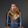 Men’s Navy Leather Jacket with Raccoon Fur Collar and Handcuffs