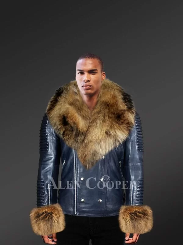 Men’s Navy Leather Jacket with Raccoon Fur Collar and Handcuffs