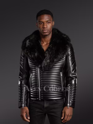 Men’s Sturdy Black Biker Jacket with Leather Ribs and Black Fox Fur Collar