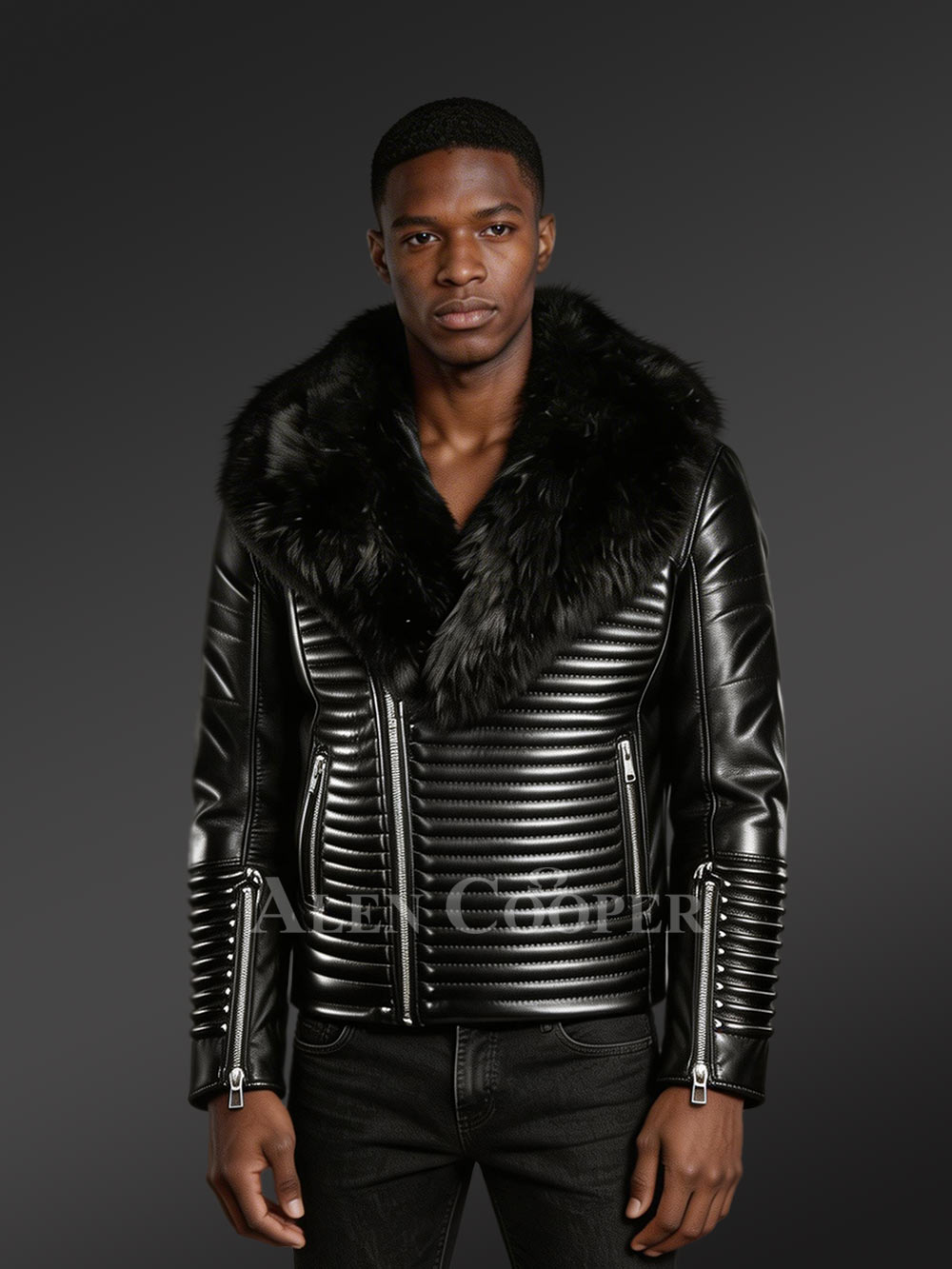 Men’s Sturdy Black Biker Jacket with Leather Ribs and Black Fox Fur Collar