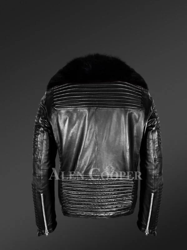 Men’s Authentic Leather Biker Jacket with Chic Fur Collar - Image 4