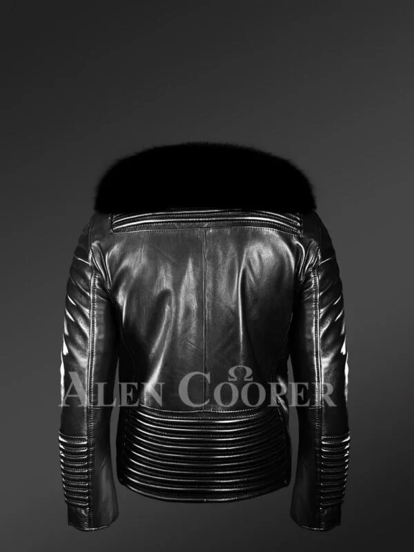 Men’s Sturdy Black Biker Jacket with Leather Ribs and Black Fox Fur Collar - Image 4