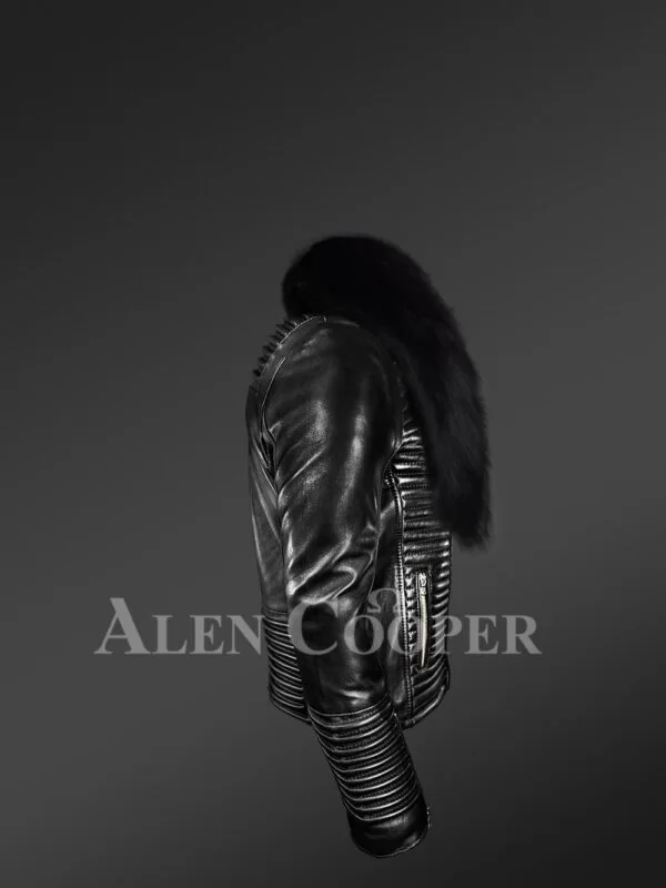 Men’s Sturdy Black Biker Jacket with Leather Ribs and Black Fox Fur Collar - Image 3