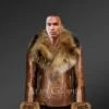 Men’s brown leather jacket with genuine fur hood & handcuffs