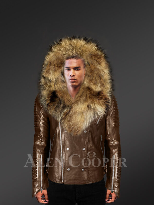 Brown Leather Jacket With Fur Collar For Men - Image 2