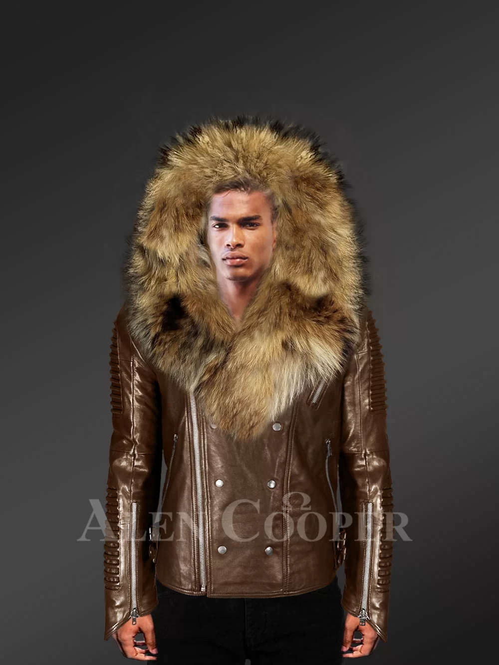 Mens Removable Fur Collar Genuine Brown Leather Bomber Jacket