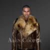 Men’s coffee winter lapel collar leather jacket with raccoon fur collar