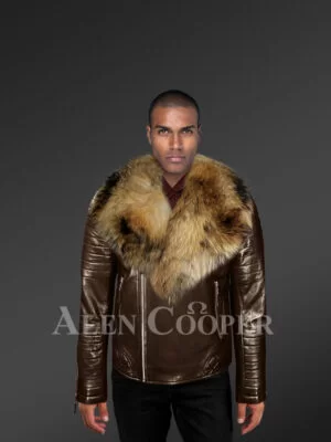 Men’s coffee winter lapel collar leather jacket with raccoon fur collar