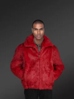 Lincoln Rabbit Fur Hooded Bomber Jacket for Men in Whiskey: FurHatWorld