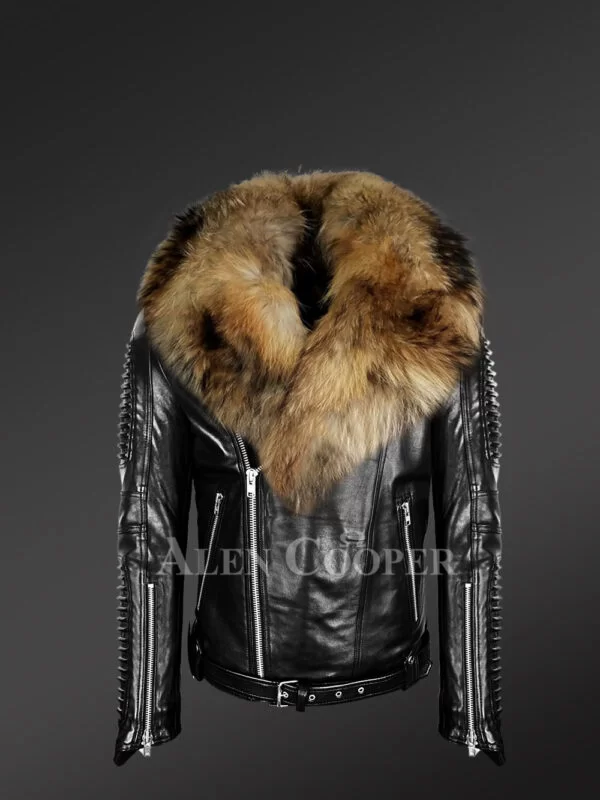 Biker Jacket in Leather for Men with Finn Raccoon Fur Collar