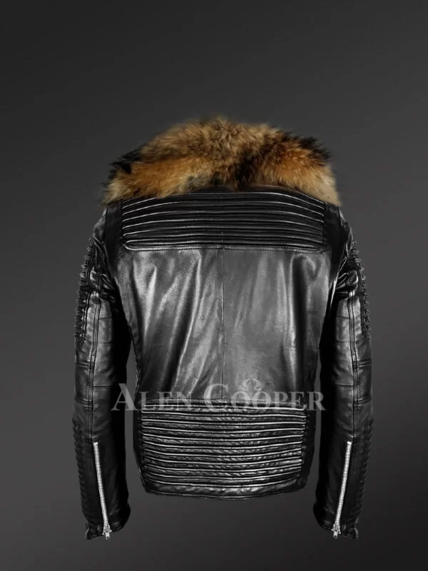 Men’s Leather Jacket with Chic Finn Raccoon Fur Collar - Image 4