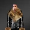 Men’s leather jacket with detachable fox fur collar and cuffs