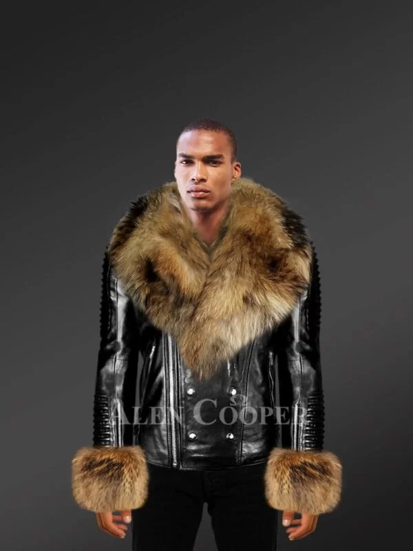 Men’s leather jacket with detachable fox fur collar and cuffs