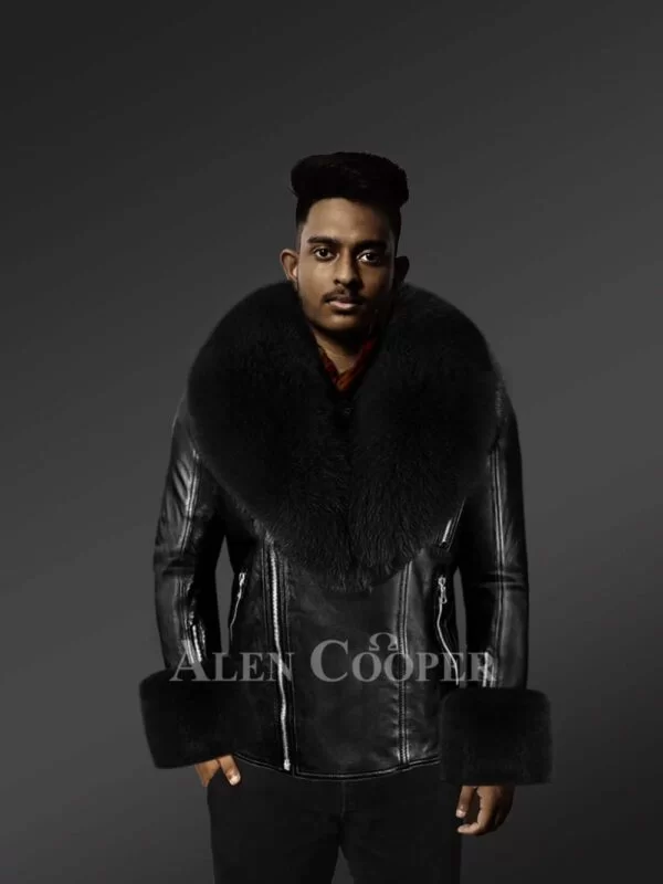 Men’s premium leather jacket with fur collar and handcuffs