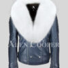Men’s sheepskin super warm navy biker jacket with white fox fur collar