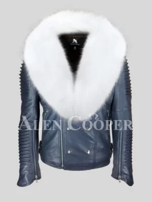 Men’s sheepskin super warm navy biker jacket with white fox fur collar