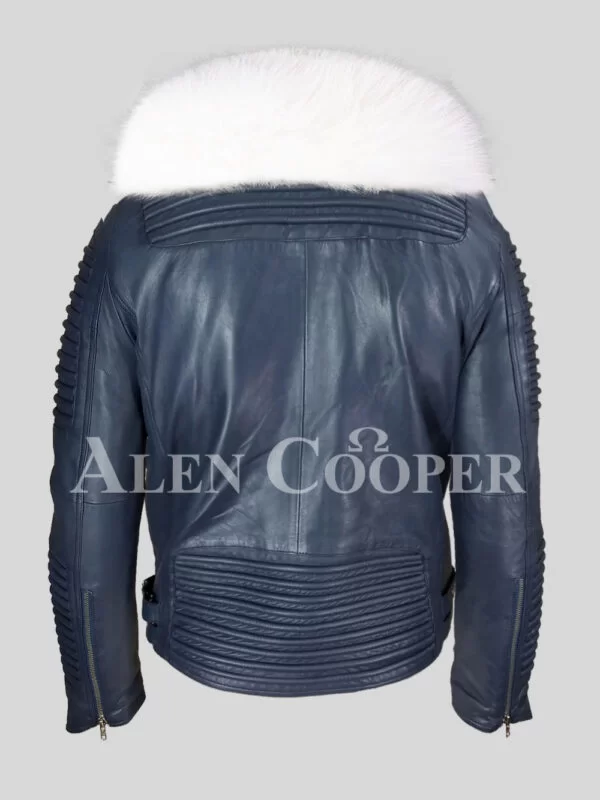 Navy biker jacket with white fox fur collar - Image 3