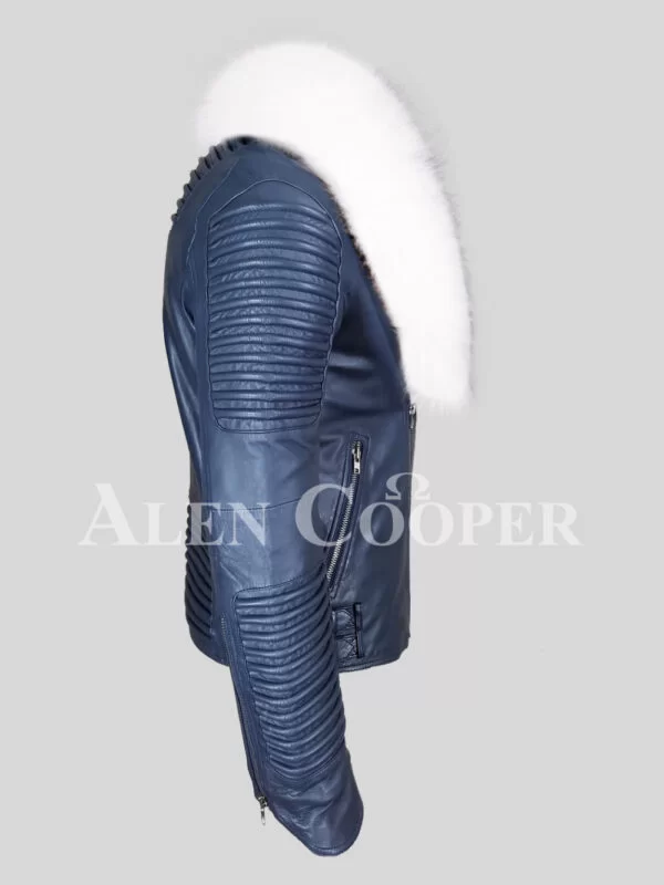 Navy biker jacket with white fox fur collar - Image 2