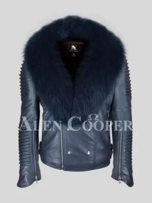 Men’s solid navy real leather winter biker jacket with navy fox fur collar