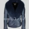 Men’s solid navy real leather winter biker jacket with navy fox fur collar