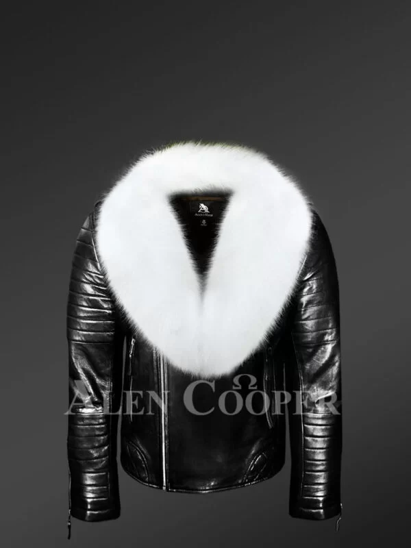 Men’s stunning black real leather jacket with white fox fur collar