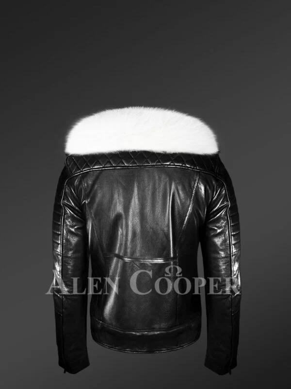 Men’s stunning black real leather jacket with white fox fur collar back view
