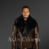 Men’s stylish real leather biker jacket in coffee with black fox fur collar