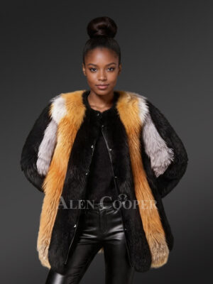 Mid Length Fox Fur Coat for Women with Button Closing