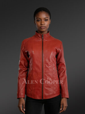 Mid-length Orange Leather Coat For Women