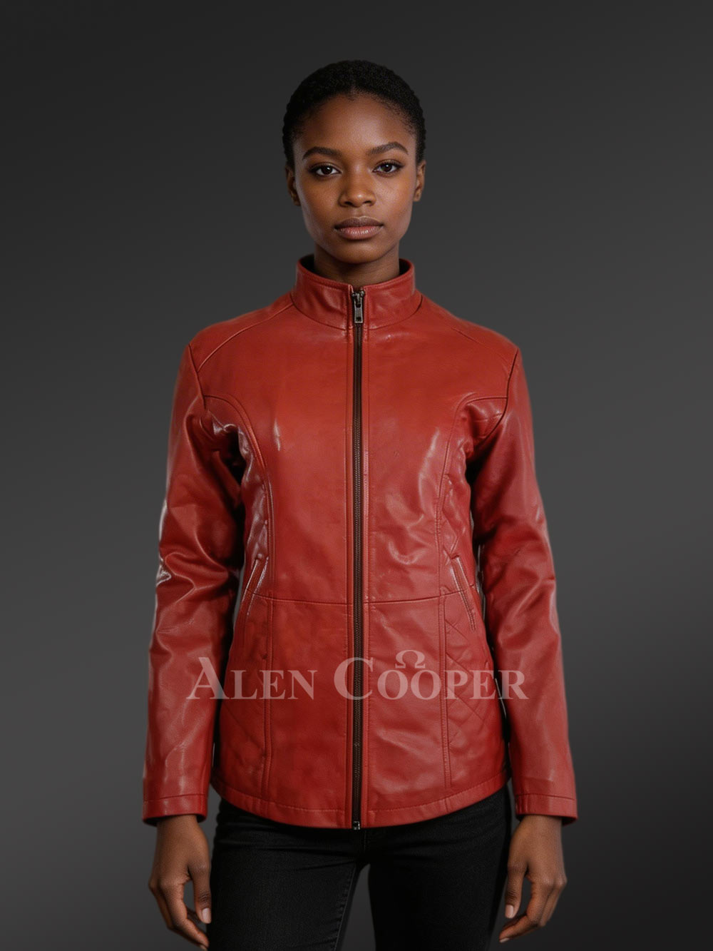 Mid-length Orange Leather Coat For Women