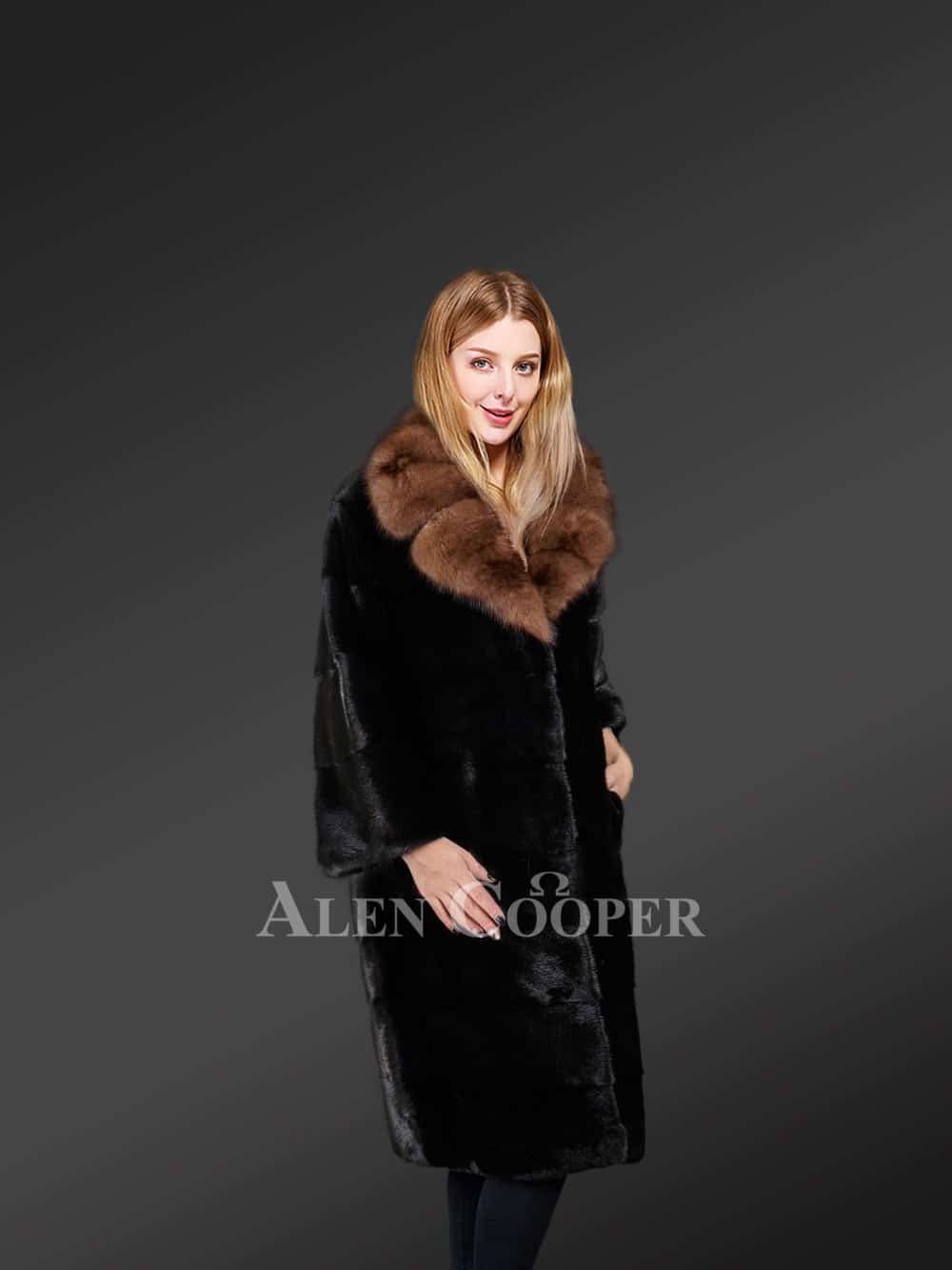 Mink Fur Coat with Fox Fur Collar and Lapels - Image 3