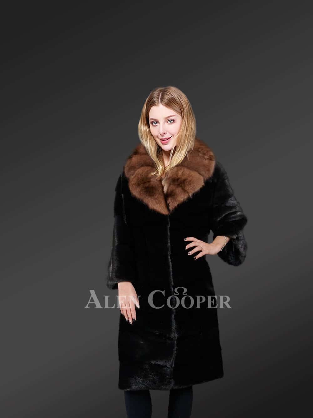 Mink Fur Coat with Fox Fur Collar and Lapels - Image 2