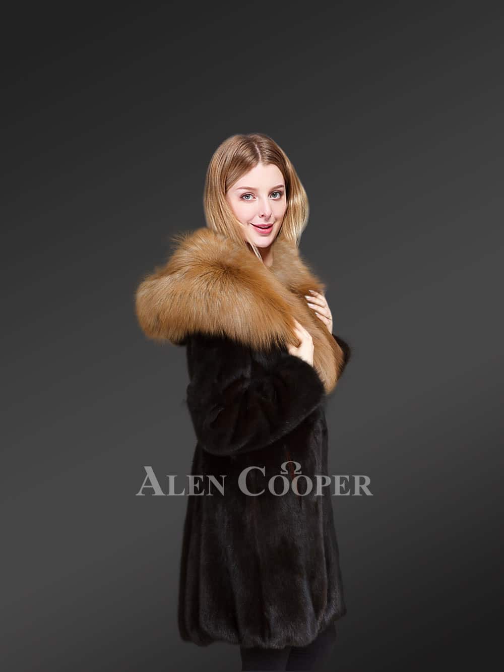 Mink Fur Coat With Red Fox Fur Hood And Lapels For Women