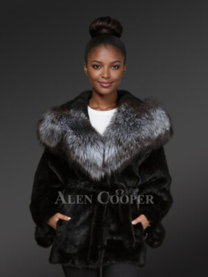 Mink Fur Coat With Silver Fox Fur Hood And Lapels