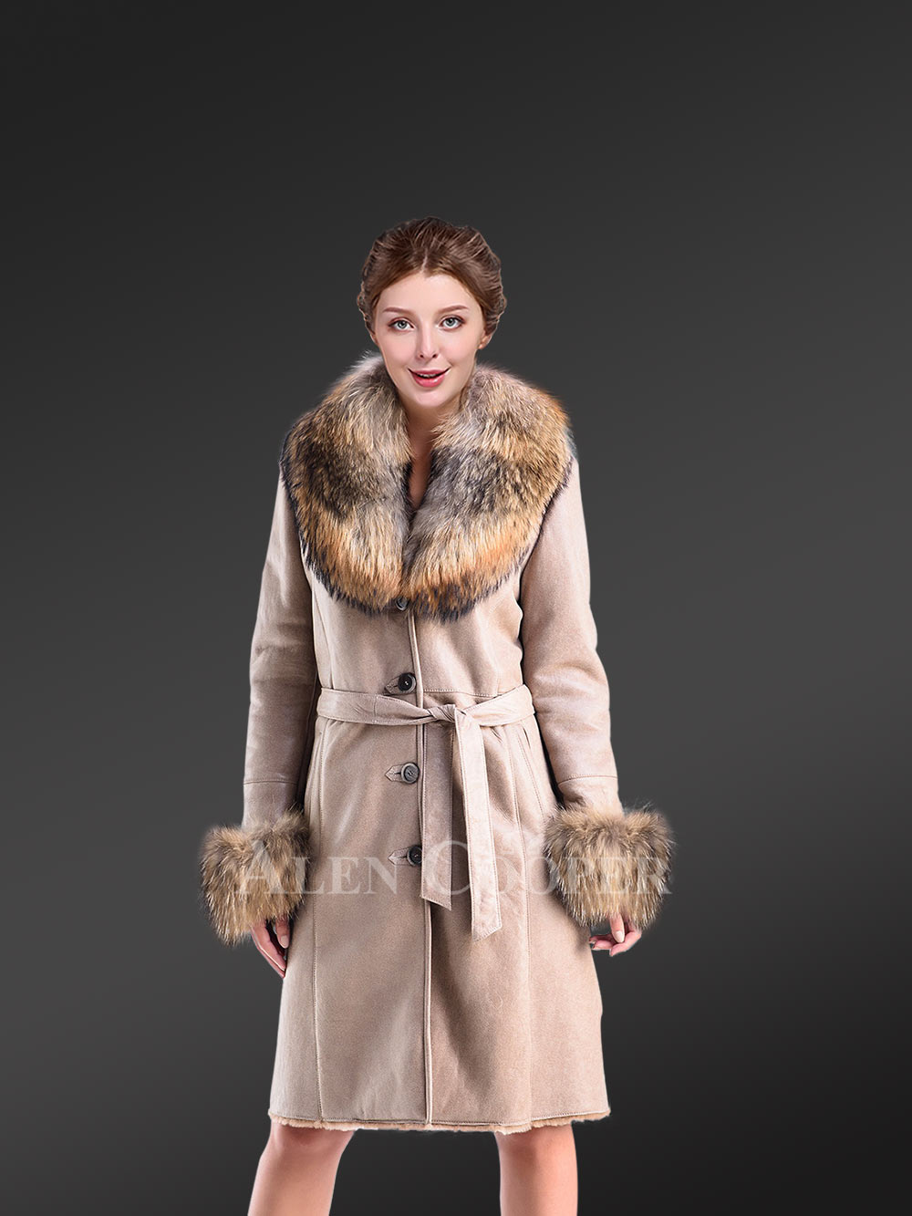 Shearling Coat with Racoon Fur Collar