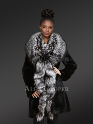 Mink Fur Coat with Silver Fox Fur Collar and Lapels