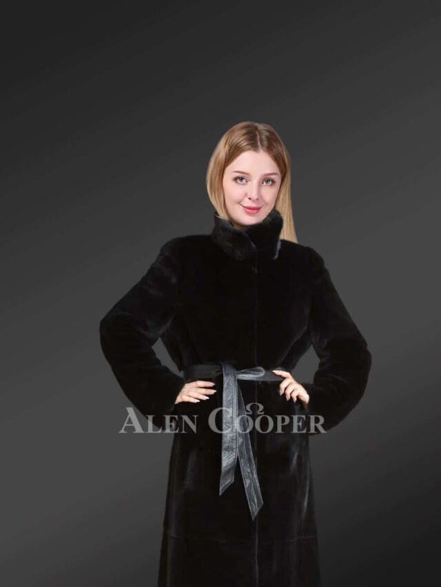 womens black long coat with leather belt