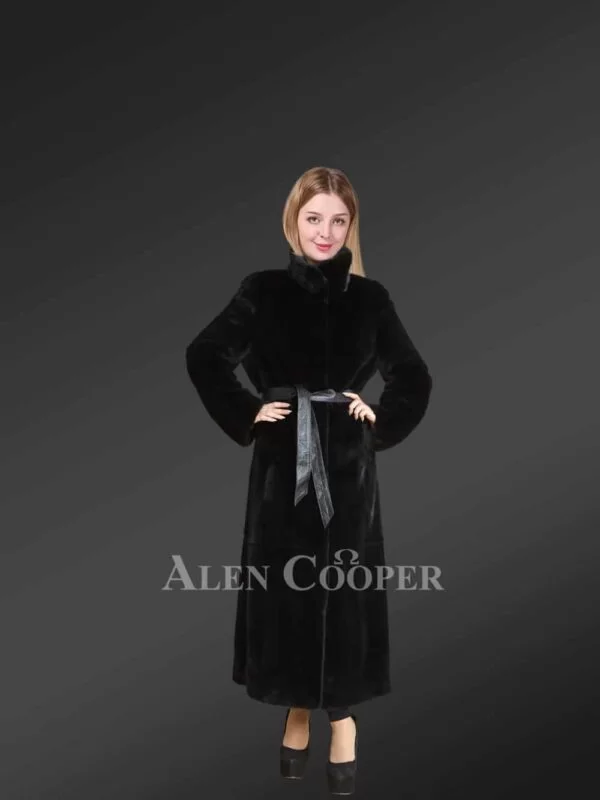 Womens Black Long Coat with Leather Belt – Showcase a Powerful Persona in Style - Image 2