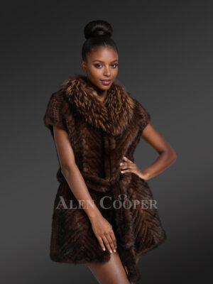 Mink Tail Fur Coat With Racoon Fur Collar In Coffee Brown for Elegant Women