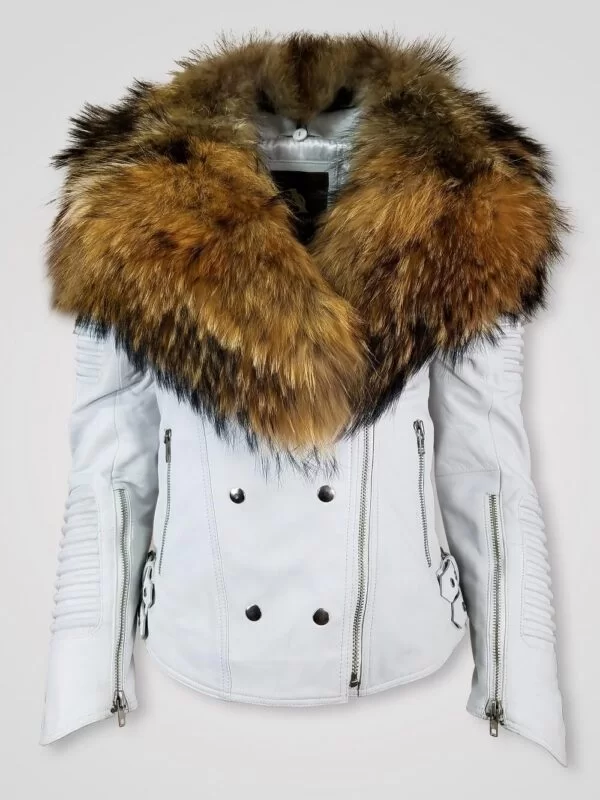 Women's Motorcycle Biker Jacket with Detachable Raccoon Fur Collar And Piped Sleeves in White - Image 2
