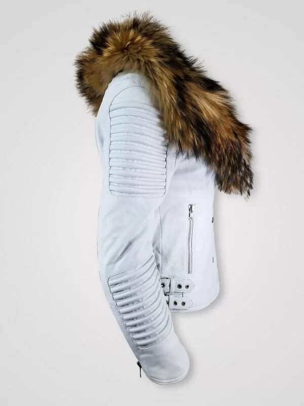 Women's Motorcycle Biker Jacket with Detachable Raccoon Fur Collar And Piped Sleeves in White - Image 3