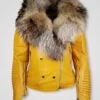 Motorcycle Biker Jacket with Detachable Raccoon Fur Collar in Yellow