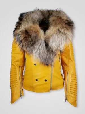 Motorcycle Biker Jacket with Detachable Raccoon Fur Collar in Yellow